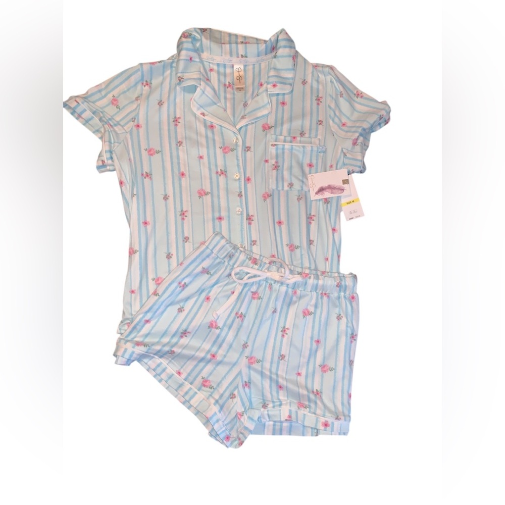 Jessica Simpson Blue & Pink Striped Floral Short Pajama Set NWT Sz Medium
